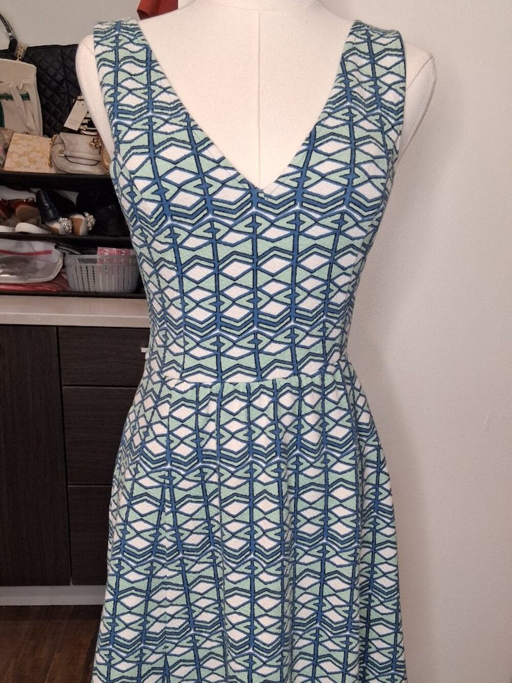 Anthropologie Maeve Geometric Skater Blue/White V-Neck Flare Dress Size 4